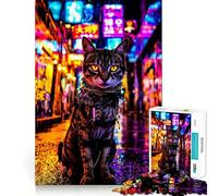 Rompecabezas para Adultos Gato de neón en un callejón de la Ciudad de 1000 Piezas Juguete para ejercitar la Mente Diseño para aliviar el estrés Un Regalo Encantador (38x52cm)