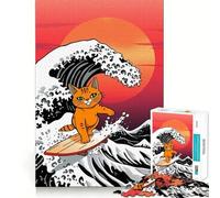 Rompecabezas para Adultos Gato Naranja surfeando una Ola Gigante de 1000 Piezas Mejora la Memoria, el Ocio, la diversión, los Bordes precisos, un Regalo Encantador (38x52cm)