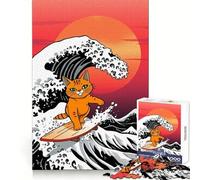 Rompecabezas para Adultos Gato Naranja surfeando una Ola Gigante de 1000 Piezas Mejora la Memoria, el Ocio, la diversión, los Bordes precisos, un Regalo Encantador (38x52cm)