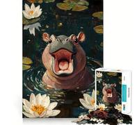 Rompecabezas para Adultos Hipopótamo Sonriente Entre nenúfares, 1000 Piezas Fortalece la Memoria, Alivia el estrés, Bordes Lisos Regalo conmovedor 38x52cm