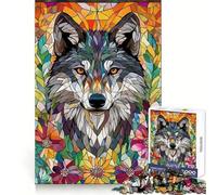 Rompecabezas para Adultos Lobo en Flores - Mosaico - 1000 Piezas - Habilidad analítica - Ocio Relajado - Encajar - Regalo de Invierno (38x26cm)
