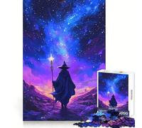 Rompecabezas para Adultos: Mago Caminando bajo un Cielo Estrellado con un bastón Brillante 1000 Piezas Actividad Relajante para el Cerebro Cierre Seguro Regalo navideño Acogedor (38x52cm)