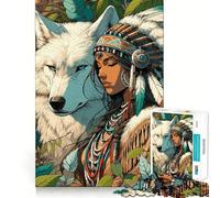 Rompecabezas para Adultos Mujer nativa Americana y Lobo, 1000 Piezas, Juguete para ejercitar la Mente, Juego Relajante, diseño para armar, Regalo increíble (38x52cm)