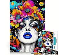 Rompecabezas para Adultos Mujer psicodélica con Corona Floral y Planetas, 1000 Piezas Fortalece la Memoria Pasatiempo para el hogar Bordes limpios Regalo Elegante (38x52cm)