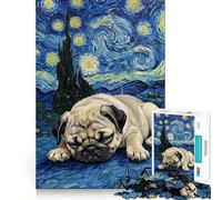 Rompecabezas para Adultos Pug durmiendo bajo una Noche Estrellada de 1000 Piezas Mejora la Memoria, el Ocio, la diversión, los Bordes precisos y un Bonito Regalo (38x52cm)