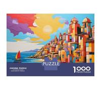 Rompecabezas para Adultos Rompecabezas De 1000 Piezas Colorful Coastal Village Painting with Sailboat Rompecabezas Juego De Ingenio Aliviador De Estrés Regalos para Reducir El Estrés 70x50cm/1000pcs