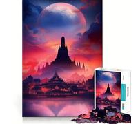 Rompecabezas para Adultos Templo en Silueta bajo una Luna Gigante de 1000 Piezas Fortalece la Memoria Arte de Bordes limpios y tranquilos Coleccionable 50x75cm
