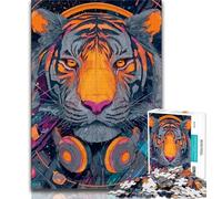 Rompecabezas para Adultos: Tigre con Auriculares Rompecabezas de 1000 Piezas para Adultos Juguetes educativos Juegos antiestrés decoración única para el hogar y Regalos 26x38cm