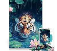 Rompecabezas para Adultos Tigre Nadando en Estanque de lotos de 1000 Piezas, Smart Reason Toy Family Bond Smooth Edge Art Display 38x52cm