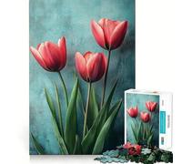 Rompecabezas para Adultos Tulipanes Rosas sobre Fondo Turquesa 1000 Piezas Rompecabezas Mental Relajación Patrón de ensamblaje Artículo de Deseo de Papá Noel (38x52cm)