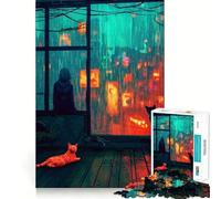 Rompecabezas para Adultos Vista de Ciudad lluviosa con Gatos - 1000 Piezas - Juego Inteligente - Patrón Tranquilo y Relajante - Regalo increíble (38x26cm)
