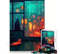 Rompecabezas para Adultos Vista de Ciudad lluviosa con Gatos - 1000 Piezas - Juego Inteligente - Patrón Tranquilo y Relajante - Regalo increíble (38x26cm)