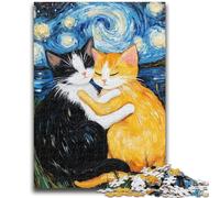 Rompecabezas para Adultos y Adolescentes: Gatos Abrazando el Cielo Nocturno, un desafío difícil para aliviar el estrés con póster a Juego y Hoja de Trivia de 26x38cm