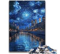 Rompecabezas para Adultos y Adolescentes: Noche Estrellada sobre el Sena, desafío difícil para aliviar el estrés con póster a Juego y Hoja de Trivia de 26x38cm
