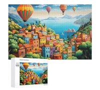 Rompecabezas para Adultos1000 PCS Colorful Village by The Lake with Hot Air Balloons Rompecabezas para Adultos Juego De Ingenio Regalo De Cumpleaños para Cumpleaños, Navidad 1000 PCS
