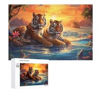 Rompecabezas para Adultos1000 PCS Tiger Pair by The Water's Edge Rompecabezas para Adolescentes Juego De Ingenio Arte De Pared Cumpleaños 1000 PCS