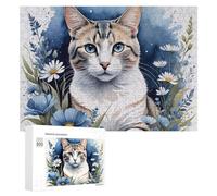 Rompecabezas para Adultos300 PCS Blue Eyes, White Cat with Flowers Rompecabezas para Adultos Juegos Familiares Análisis Y Lógica Reducción del Estrés Regalos 300 PCS