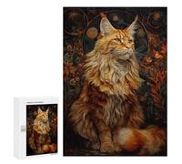 Rompecabezas Para Adultos300 PCS Majestic Red Tabby Maine Coon Cat Portrait with Floral Background Rompecabezas Para Adultos Juegos Relajantes Carrera De Velocidad De Manos Actividades Divertidas En C