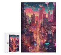 Rompecabezas para Adultos300 PCS Neon Cityscape Vibrant Urban Fantasy -3 Rompecabezas para Adolescentes Juego De Ingenio Arte De Pared Cumpleaños 300 PCS