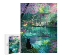 Rompecabezas para Adultos500 PCS Black Cat at Shrine Cherry Blossom Pond Rompecabezas para Adultos Juegos Divertidos Decoración De Pared Oferta como Regalos para Toda La Familia 500 PCS