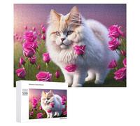 Rompecabezas para Adultos500 PCS Fluffy Cat with Pink Roses Rompecabezas para Adolescentes Juego De Ingenio Arte De Pared Cumpleaños 500 PCS