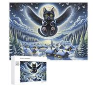 Rompecabezas para Adultos500 PCS Magical Winter Night Scene with Flying Cat Rompecabezas para Adolescentes Juego De Ingenio Arte De Pared Cumpleaños 500 PCS