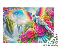 Rompecabezas Parrot 1000 Piezas Regalo Festivo para Adultos Pájaros del Amor Junto a Cascada con Arcoíris y Rosas Premium Grueso Robusto Desafiante Alivio de Estrés 52x38cm/1000pcs