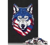 Rompecabezas patriótico de Lobo con la Bandera Estadounidense. Desafiante y Estimulante. Rompecabezas de cartón 100% Reciclado para Adultos. Regalo de cumpleaños. 1000 Piezas (75 x 50 cm).