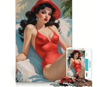 Rompecabezas Pin-up en Traje de baño Rojo de 1000 Piezas para Adolescentes Juguete de lógica Fuerte Relajación Mental Bordes definidos Regalo Elegante (38x26cm)