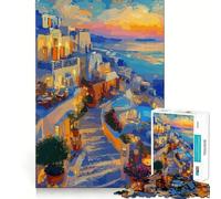 Rompecabezas Pintura de un Pueblo de Santorini al Atardecer para Adolescentes, 1000 Piezas Refuerza la Memoria Pasatiempo Tranquilo Regalo Festivo (50x75cm)