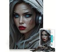 Rompecabezas postapocalíptico de una Mujer con Ojos Azules y Auriculares para Adultos, 1000 Piezas, lógica Clara, Juguete, pasatiempo Tranquilo, Corte Perfecto, Regalo Elegante (38x26cm)