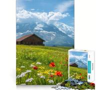 Rompecabezas Pradera Alpina con cabaña y montañas,1000 Piezas,estimulación cognitiva,Piezas sin Rebabas,Corte Limpio,Juguete de Entretenimiento para Interiores (38x26cm)