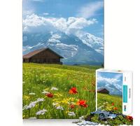 Rompecabezas Pradera Alpina con cabaña y montañas,1000 Piezas para Adultos Juego para estimular la Memoria Calidad Profesional Actividad de Corte conmovedora para Compartir en Familia (38x52cm)