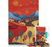 Rompecabezas Pueblo bajo Cielo Rojo - 1000 Piezas Juego de concentración Mental Corte de precisión Bordes Suaves Juego Que fomenta la conexión Entre Diferentes Piezas (38x26cm)