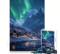 Rompecabezas Pueblo nevado bajo la Aurora Boreal de 1000 Piezas para Adolescentes Fortalece la Memoria, Calma, relajación, Bordes Suaves Un Regalo increíble (38x52cm)