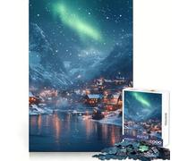 Rompecabezas Pueblo nevado bajo la Aurora Boreal de 1000 Piezas para Adolescentes Juguete de lógica Fina, fácil de armar, Ideal para el Ocio, con Bordes limpios, Festivales (38x26cm)
