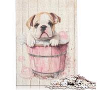 Rompecabezas Rectangular de Papel con diseño de Cachorro de Bulldog en una bañera Rosa, Ideal para Adultos y niños, 1000 Piezas (26 x 38 cm)