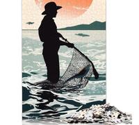 Rompecabezas Rectangular de Papel con Silueta de Pescador atrapando Peces, cumpleaños de niño o niña, 1000 Piezas (38 x 26 cm)