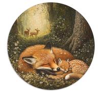 Rompecabezas redondo 1000 piezas zorro y ciervo en bosque, borde de flores de luz suave, maravilloso rompecabezas decorativo para juegos en familia e idea de regalo de cumpleaños para amigos, 1000