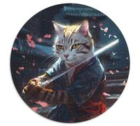 Rompecabezas Redondo de 1000 Piezas de Samurai Cat Swords Dance para Adultos, Juego Interactivo Familiar, decoración del hogar DIY, Regalo desafiante y Estimulante (67,5x67,5cm)