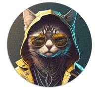 Rompecabezas Redondo de 1000 Piezas para Adultos, diseño de Gato ciberpunk, cumpleaños, Fiestas y decoración del hogar (67,5x67,5cm)