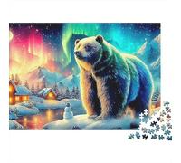 Rompecabezas Regalo Bear Under Aurora 1000 Piezas Adultos Auroras Oso Polar Aldea Nieve Luna Premium Grueso Resistente Desafiante Duro Alivio Estrés 52x38cm/1000pzs
