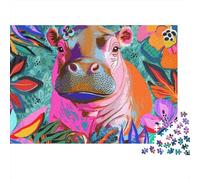 Rompecabezas Resistente Arte Hipopótamo Colorido 1000 Piezas Adultos Hipopótamo Flores Vibrante Abstracto Lindo Premium Grueso Vibrante Desafiante Alivio Estrés Juego 38x26cm/1000pzs