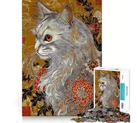 Rompecabezas Retrato de Gato ornamentado y diseño Floral para Adultos, 1000 Piezas Mejora la Memoria Juego Relajante Corte Premium (38x52cm)