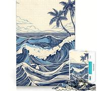Rompecabezas Retro Azul con Olas del océano y diseño difícil para Adultos, 1000 Piezas, diseño Relajante, Corte Suave, Regalo clásico (38x26cm)