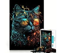 Rompecabezas Retro de Gato con Gafas, 1000 Piezas, para Adolescentes Juguete de lógica Fuerte, relajación Mental, Bordes definidos, Regalo Elegante (38x52cm)