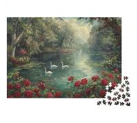 Rompecabezas romántico de 1000 Piezas El Lago de los cisnes: Bosque brumoso con Rosas. Juego Educativo para Adultos. Hermosa decoración. Difícil y desafiante. Regalo 38x26cm