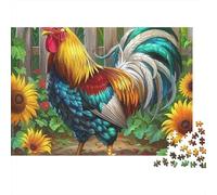 Rompecabezas Rooster 1000 Piezas para Adultos Gallo Junto a Cerca de Madera con Girasoles Premium Vibrante Desafiante Difícil Alivio de Estrés Regalo Familiar 52x38cm/1000pcs