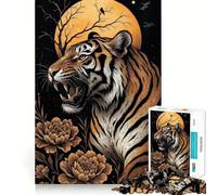 Rompecabezas Rugido de Tigre con Flores y Luna para Adultos, 1000 Piezas, Pura Lógica, Juguete Antiestrés, Corte Afilado, Artículo de Deseo de Santa Claus 38x26cm