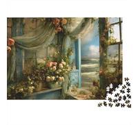 Rompecabezas rústico de 1000 Piezas con Ventana y jardín, Puerta Azul en el jardín, para Adultos, Juego Educativo, decoración del hogar, desafío difícil, Regalo de cumpleaños, 70x50cm/1000 Piezas
